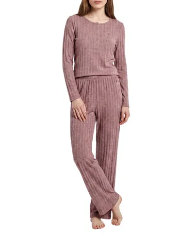 Tommy Hilfiger Women's Long-sleeve Wide-leg Cable-jacquard Henley Top And Pant, 2-piece Pajama Set In Neutral