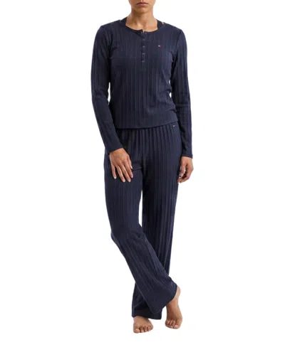 Tommy Hilfiger Women's Long-sleeve Wide-leg Cable-jacquard Henley Top And Pant, 2-piece Pajama Set In Blue