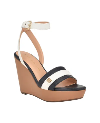 Tommy Hilfiger Women's Maroe High Ankle Wrap Wedge Sandals In White,navy