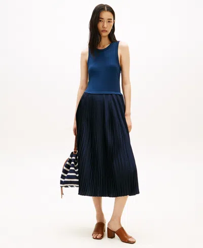 Tommy Hilfiger Women's Mix Media Pleated Sleeveless Midi Dress In Blue