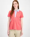 Tommy Hilfiger Womens Button Front Short Sleeve Polo Top In Red