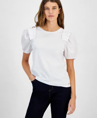 Tommy Hilfiger Women's Mixed-media Crewneck Short-sleeve Top In Brt White