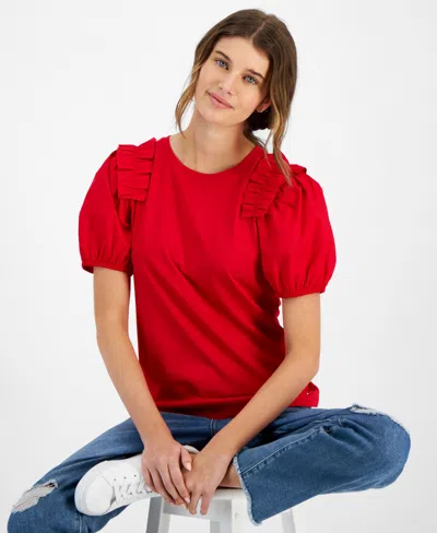 Tommy Hilfiger Women's Mixed-media Crewneck Short-sleeve Top In Scarlet