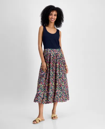 Tommy Hilfiger Plus Size Floral-print-skirt Sleeveless Dress In Sky Captain Multi