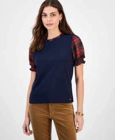 Tommy Hilfiger Women's Mixed-media Plaid Puff-sleeve Top In Blue