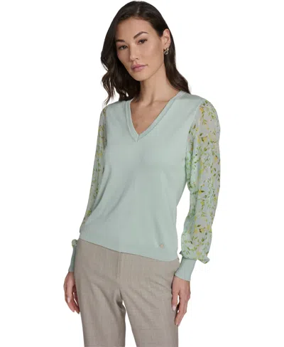 Tommy Hilfiger Women's Mixed Media V-neck Sweater In Green