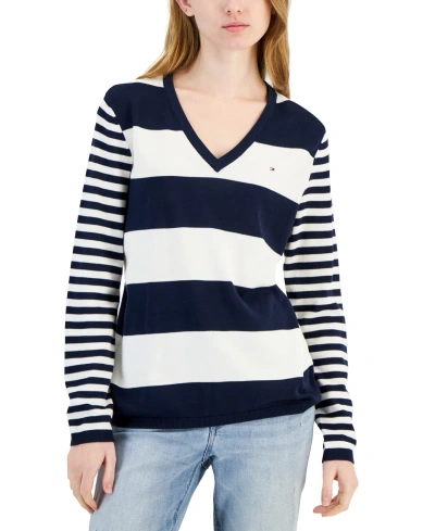 Tommy Hilfiger Women's Mixed-stripe V-neck Sweater In Blue