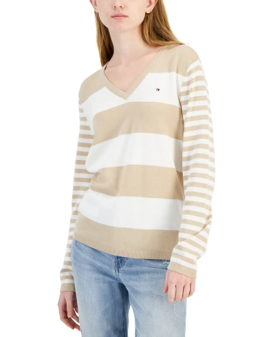 Tommy Hilfiger Women's Mixed-stripe V-neck Sweater In Med Brown