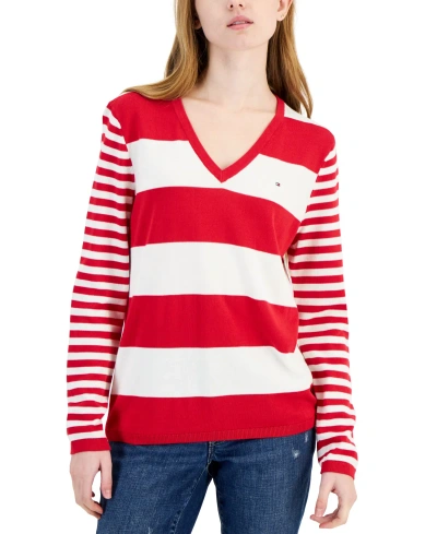 Tommy Hilfiger Women's Mixed-stripe V-neck Sweater In Medium Red