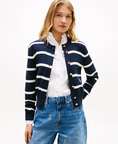 Tommy Hilfiger Women's Monogram Script Striped Cardigan In Blue