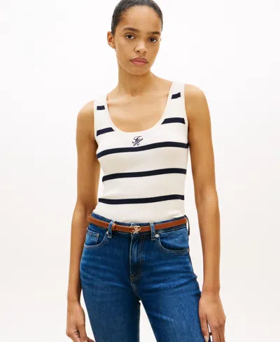 Tommy Hilfiger Women's Monogram Script Striped Scoop Neck Tank Top In White