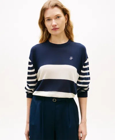 Tommy Hilfiger Women's Monogram Script Striped Sweater In Blue