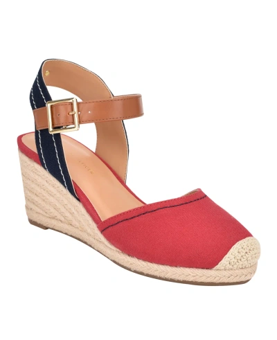 Tommy Hilfiger Women's Nilsa Classic Close Toe Wedge Sandal In Red Multi - Textile,faux Leather - Poly