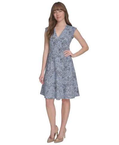 Tommy Hilfiger Women's Paisley-print Cap-sleeve V-neck Hopsack Dress In Ivory,french Blue