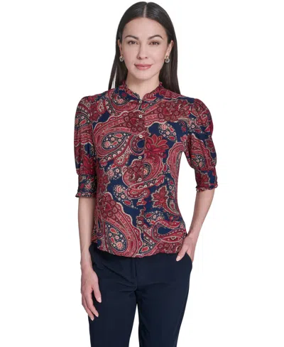 Tommy Hilfiger Women's Paisley Print Ruffle Neck Button Up Blouse In Multi