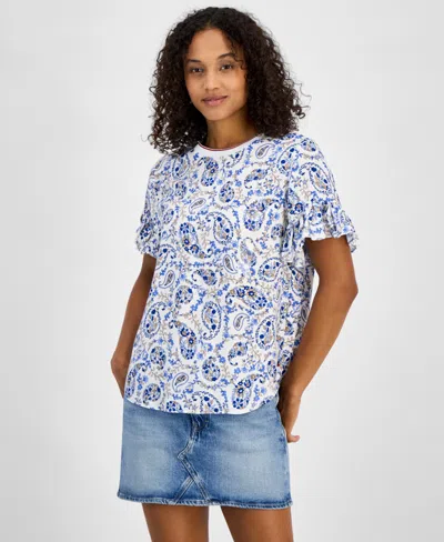 Tommy Hilfiger Women's Paisley-print Ruffle-sleeve Top In Ivory Multi
