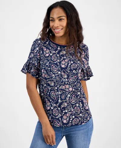 Tommy Hilfiger Women's Paisley-print Ruffle-sleeve Top In Sky Captain Multi