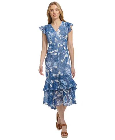 Tommy Hilfiger Women's Paisley-print Ruffled Midi Dress In Ivory Blue