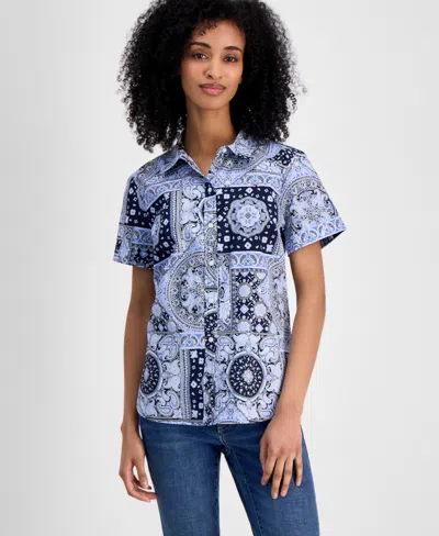 Tommy Hilfiger Women's Patchwork Camp Shirt In French Blue Multi