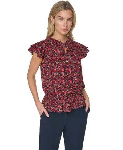 Tommy Hilfiger Women's Peplum Flutter-sleeve Pull-on Blouse In Burgundy