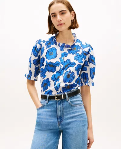 Tommy Hilfiger Women's Pin Tuck Cambric Short-sleeve Blouse Top In Blue