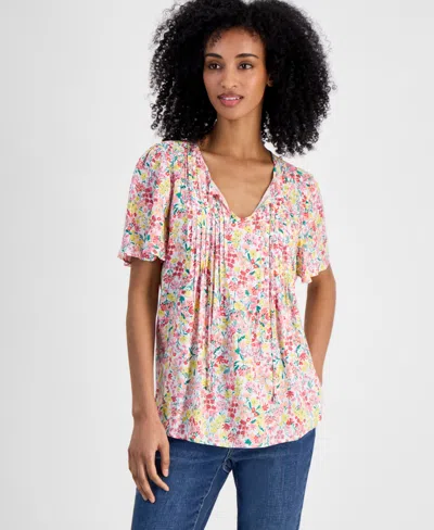 Tommy Hilfiger Women's Pintucked Floral-print Top In Ivory Multi