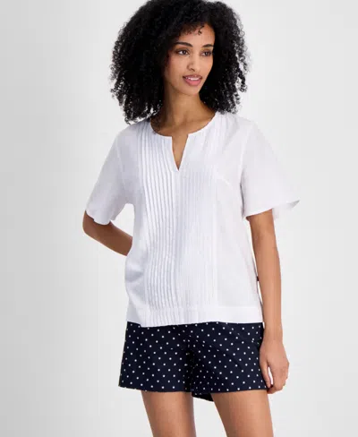 Tommy Hilfiger Women's Pintucked Linen-blend Top In Bright White