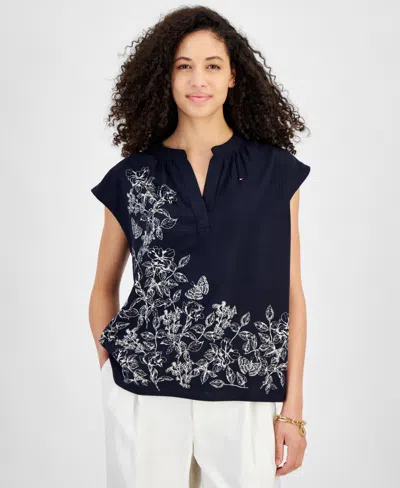 Tommy Hilfiger Women's Placement Butterfly Paisley Blouse In Sky Capt