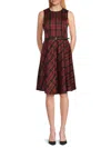 Tommy Hilfiger Women's Plaid Belted Sleeveless Dress In Burgundy