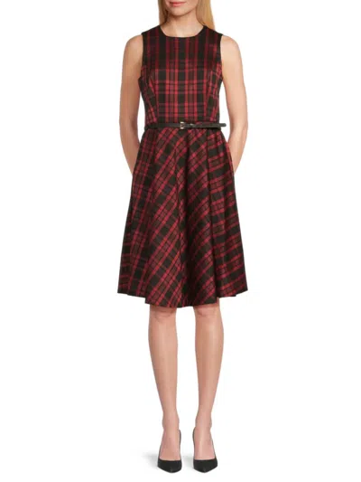 Tommy Hilfiger Women's Plaid Belted Sleeveless Dress In Burgundy
