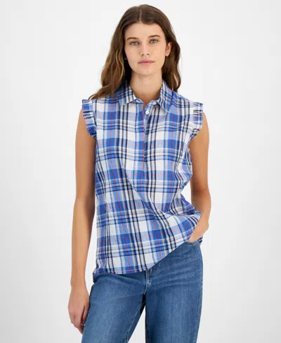 Tommy Hilfiger Women's Plaid Collared Sleeveless Top In Blue Multi