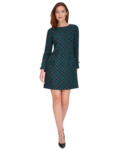 Tommy Hilfiger Women's Plaid Long-sleeve Bow-cuff Dress In Cypress Multi