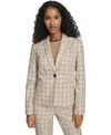 Tommy Hilfiger Women's Plaid Puff Sleeve One Button Blazer Jacket In Brown