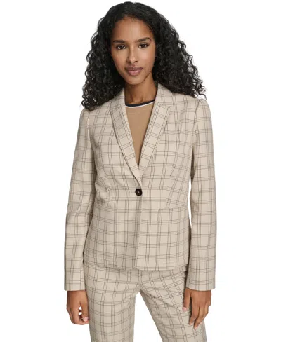 Tommy Hilfiger Women's Plaid Puff Sleeve One Button Blazer Jacket In Brown