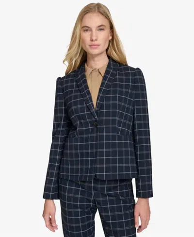 Tommy Hilfiger Women's Plaid Puff-sleeve Single-button Blazer In Midnight/multi