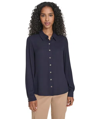 Tommy Hilfiger Women's Pleated Sleeve Button Up Blouse In Blue