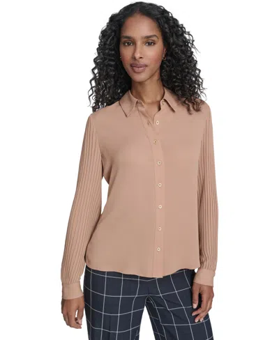 Tommy Hilfiger Women's Pleated Sleeve Button-up Blouse In Brown