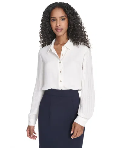 Tommy Hilfiger Women's Pleated Sleeve Button Up Blouse In White
