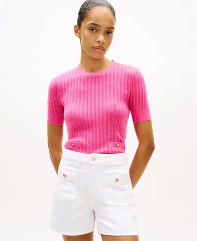 Tommy Hilfiger Women's Pointelle Ribbed Short-sleeve Sweater In Pink