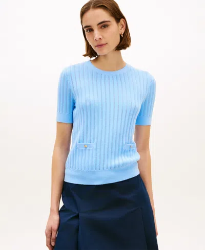 Tommy Hilfiger Women's Pointelle Ribbed Short-sleeve Sweater In Blue