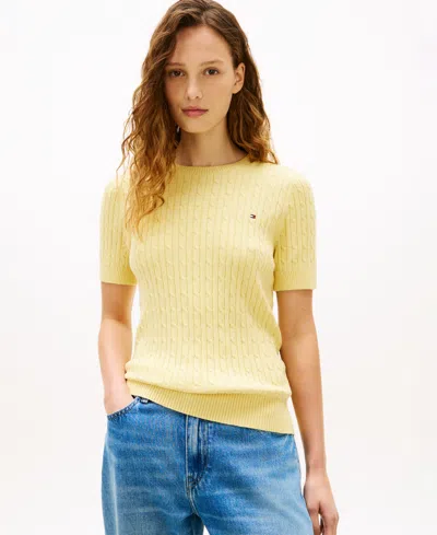 Tommy Hilfiger Women's Pointelle Ribbed Short-sleeve Sweater In Yellow