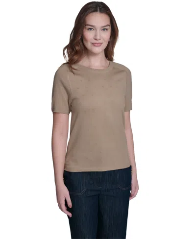 Tommy Hilfiger Women's Pointelle Short-sleeve Sweater In Brown