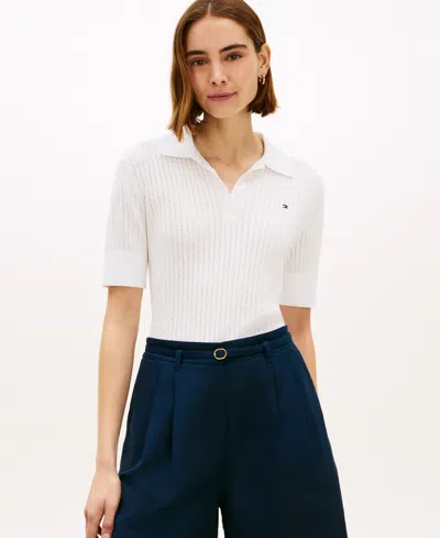 Tommy Hilfiger Women's Pointelle Short-sleeve Polo Sweater In Neutral