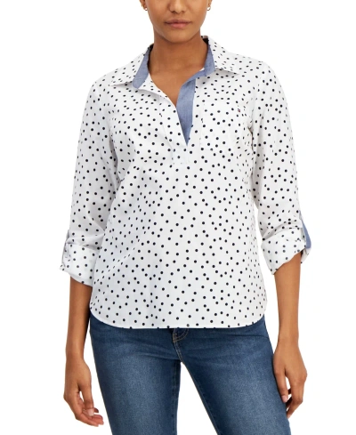Tommy Hilfiger Women's Polka-dot Cotton Popover Top In Bright White,sky Captain