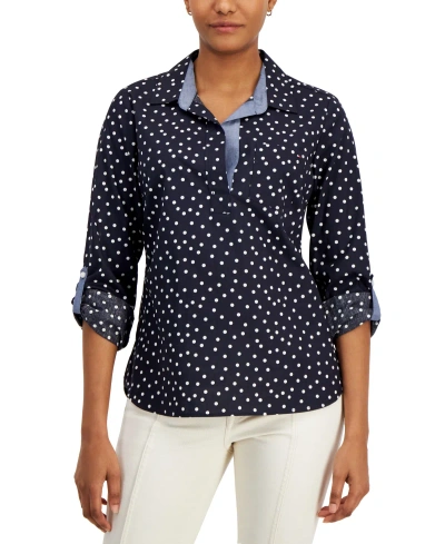 Tommy Hilfiger Women's Polka-dot Cotton Popover Top In Sky Captain,bright White