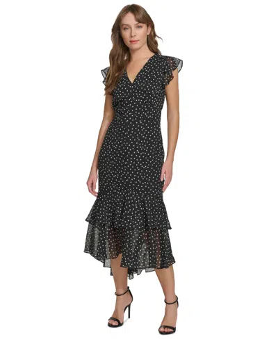 Tommy Hilfiger Women's Polka-dot Ruffled Midi Dress In Black