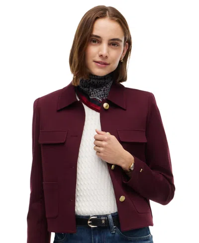 Tommy Hilfiger Women's Ponte Knit Band Collar Jacket In Burgundy