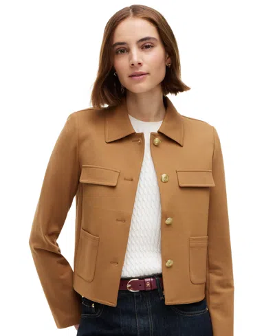 Tommy Hilfiger Women's Ponte Knit Band Collar Jacket In Brown