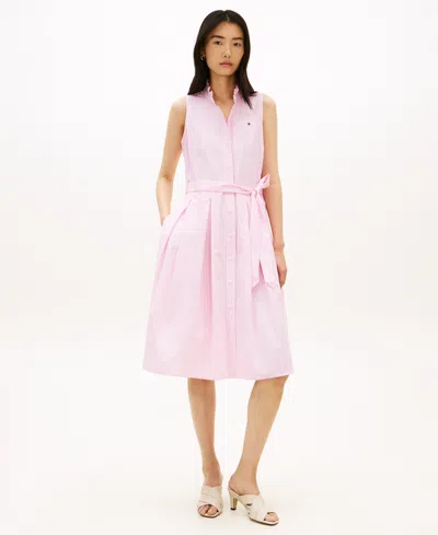 Tommy Hilfiger Women's Poplin Frill Collared Shirt Dress In Pink
