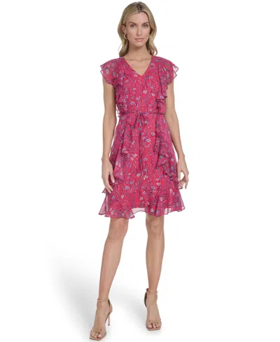 Tommy Hilfiger Women's Printed Crinkle Chiffon Vineyard Botanical Dress In Pink